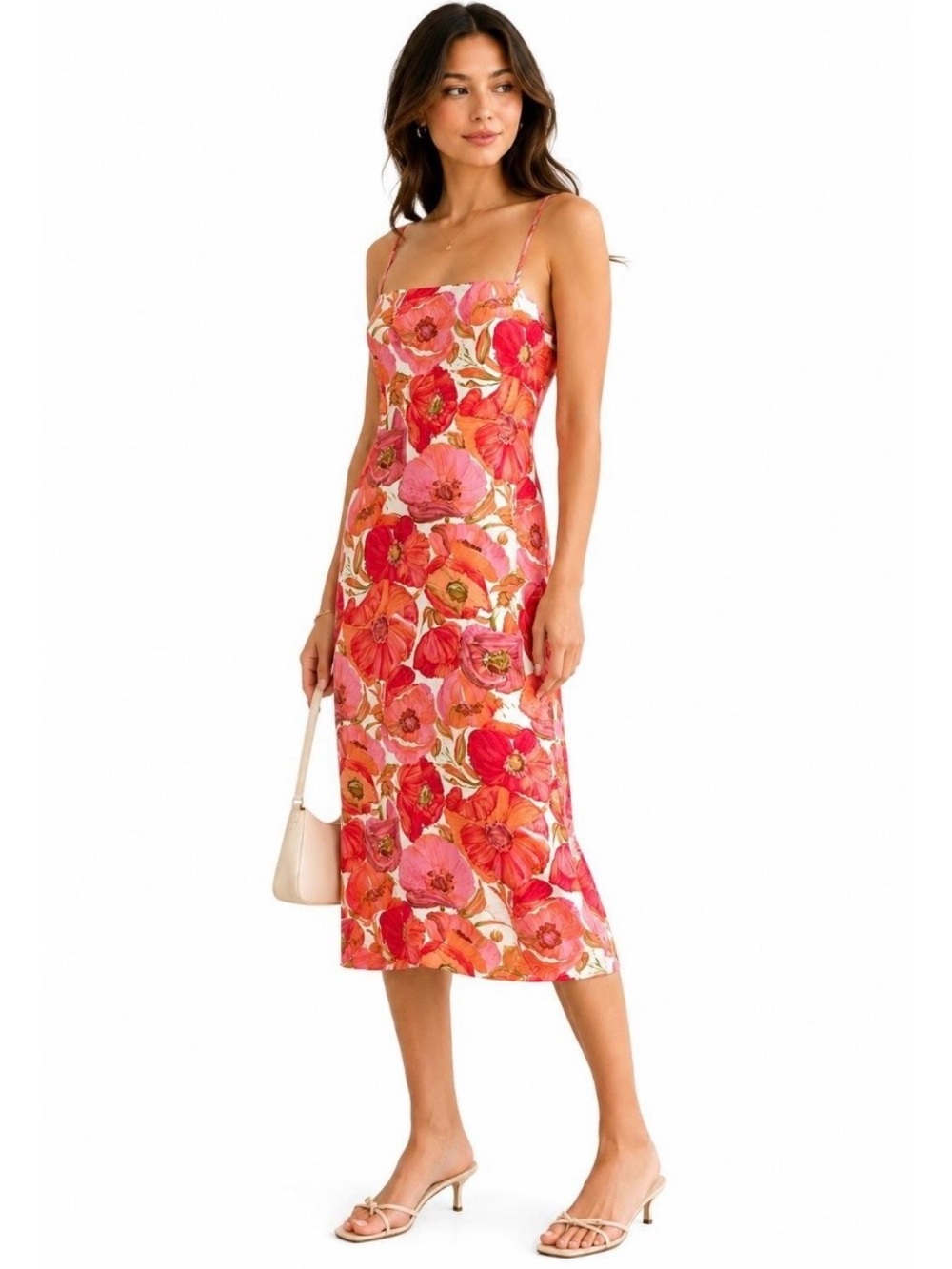 Ann Taylor Pink and Red Floral Slip Midi Dress